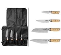 Fukito - Mallette 4 Couteaux de Cuisine Design Japonais Pakka San Mai Manche en Bois de Pakka Mallette 9 Places Office + Universel + Santoku + Chef
