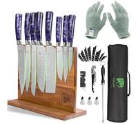 FULLHI Set de 15 couteaux japonais avec support magnétique pour bloc de couteaux, lames en acier inoxydable, poignées ergonomiques en résine violette pour la cuisine professionnelle et domestique