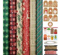 FullJoyHut 6 Rouleaux de Papier Cadeau de Noël 43cm x 3M Chacun - Motif Flocons de Neige, Papier Kraft de Noël avec Étiquette Ficelle et Adhésif pour Emballage Cadeaux de Noël