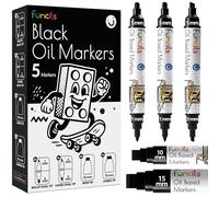 Funcils Feutres Peinture Noire à l’Huile (5 pcs, double pointe + Jumbo 10/15 mm) - Marqueurs permanents résistants à l’eau pour métal, verre, bois, tissu, plastique, pneus, meubles