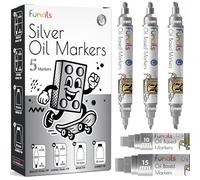 Funcils Marqueurs Peinture Argentée à l’Huile (5 pcs, double pointe + Jumbo 10/15 mm) - Stylos permanents résistants à l’eau pour métal, verre, bois, tissu, plastique, pneus, meubles