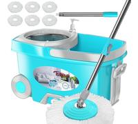 FunClean Balai à Franges et Seau, serpillère et Seau avec essoreuse pour la Maison, Outil de Nettoyage de Sol Rotatif à 360° avec 6 têtes de Rechange en Microfibre, poignée étendue de 154,9 cm, 2
