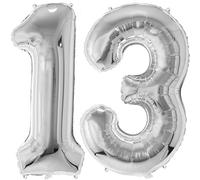 FunFest - Ballon Anniversaire 13 Ans Argent - Chiffre Géant 100 cm - Décoration Fête 13ème Anniversaire - Gonflable Air ou Hélium - Paille Incluse