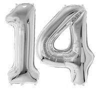 FunFest - Ballon Anniversaire 14 Ans Argent - Chiffre Géant 100 cm - Décoration Fête 14ème Anniversaire - Gonflable Air ou Hélium - Paille Incluse