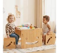 FUNLIO Table et Chaise Montessori Ajustables en Hauteur pour Enfants de 1 à 3 Ans, Table en Bois Massif et 2 Chaises, pour Lire, Manger, Jouer, Certifié CPC (Ensemble de 3 pièces)