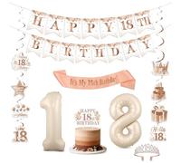 Funmemoir Décorations de 18e anniversaire bohème pour filles - Écharpe et diadème pour 18e anniversaire, bannière, tourbillons double face, décoration de gâteau, ballons en aluminium pour fête