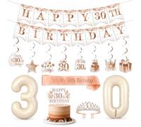 Funmemoir Décorations de 30e anniversaire bohème pour femme - Écharpe et diadème, bannière, tourbillons double face à suspendre, décoration de gâteau, ballons en aluminium pour fête d'anniversaire de