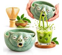 Funny Puking Cat Matcha Bowl, Ceramic 3D Cat Green Celadon Chawan for Whisking & Pouring, Whimsical Cat Face Design Iced Matchas for Lovers, Tea Ceremony, Fits Whisk Set (1PC)