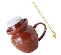 FUNOMOCYA Mug avec Couvercle et Cuillère de Jarre à Choucroute Vintage en Céramique Capacité 300ml, pour Café Maison Bureau