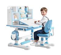 funrautz Bureau pour enfant avec chaise réglable en hauteur avec étagère et tiroir, plateau de table inclinable de 0 à 50 °, kit d'apprentissage ergonomique pour enfants à partir de 3 ans, bleu