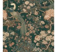 FunStick 44.5CM×9M Papier Peint Autocollant Fleuri Vintage Papier Adhesif pour Meuble Vert Foncé Paon Imperméable Film Adhesif Vinyle Fleur et Arbre Vert Rouleau Adhesif Decoratif Salle de Bain Salon