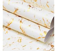 FunStick 90CMx5M Papier Peint Adhesif Marbre Blanc et Or Papier Peint Adhésif Mural Salle de Bain Rouleau Adhésif Decoratif Cuisine Vinyle Adhesif Marbre Beige Revêtement Plan de Travail Blanc Crème