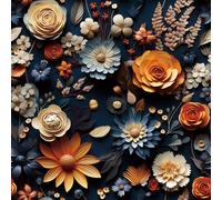 FunStick Papier Peint Adhesif Mural Fleuri Bleu Foncé Papier Peint Salon Chambre Plafond Effet 3D Fleurs Marguerite Rose Marine Rouleau Adhesif pour Meuble Bleu et Orange Effet Relief 3D 44.5CMx3M