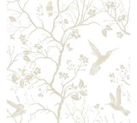 FunStick Papier Peint Adhesif Mural Fleurs Oiseaux Vintage Papier Peint Beige et Blanc Maison de Ferme Vintage Vinyle Adhesif Cuisine Chambre Blanc Revetement Adhésif Meuble Fleuri Arbres 44.5CMx3M