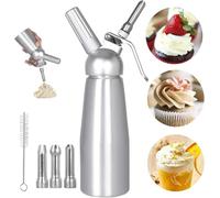 Funthy 500ml Siphon Chantilly, Syphon à crème en Aluminium avec 3 Douilles en Acier Inoxydable et 1 Brosse de Nettoyage, pour décoration gâteaux d'anniversaire pâtisserie crème glacée et Desserts