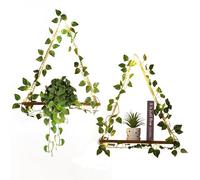 Funvalley Surperfect Lot de 2 étagères flottantes à suspendre en corde avec bande LED Lierre artificiel en bois léger Décoration murale bohème avec corde et crochets