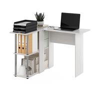 Furinno Abbott Bureau en Forme de L avec Bibliothèque, Chêne Blanc/Acier Inoxydable