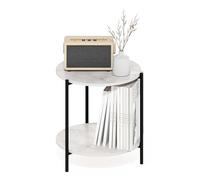 Furinno BESI Table d’appoint, Grande Table d’appoint Ronde à 2 Niveaux avec Pieds en métal, Cadre en métal, Table de Nuit, Table de Chevet avec étagère Ouverte, pour Salon, Chambre, Marbre Blanc