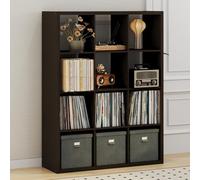 Furinno Cubicle Meuble Tourne-Disque avec Rangement pour Vinyles, 12-Cube Rangement pour Disques Vinyles 1.2 Extra Épais, Multimédia Ouverte À L'Arrière pour Multimédia, Chêne Foncé Noir