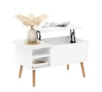 Furinno Jensen Table basse avec plateau relevable avec pieds en bois, compartiment caché et étagère latérale ouverte pour le salon, blanc massif