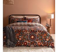 furn. Kinfolk Jeu De Housse De Couette - Réversible Suzani Inspiré Floral Géométrique Carreau Mélange De Coton Entretien Facile Literie (Bleu Denim - Double - 200x200cm)