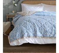furn. Wylder Amelia Couvre Lit - Réversible Floral Matelassé À Volants Jeté De Lit Literie (Bleu Delph - 150x200cm)