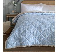 furn. Wylder Amelia Couvre Lit - Réversible Floral Matelassé À Volants Jeté De Lit Literie (Bleu Delph - 240x260cm)