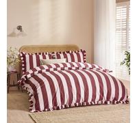 furn. Wylder Birdie Stripe Jeu De Housse De Couette - Réversible À Volants Coton Riche Rayé Literie (Bourgogne/Fleur - 230x220cm)