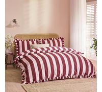 furn. Wylder Birdie Stripe Jeu De Housse De Couette - Réversible À Volants Coton Riche Rayé Literie (Bourgogne/Fleur - 200x200cm)