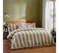 furn. Wylder Birdie Stripe Jeu De Housse De Couette - Réversible À Volants Coton Riche Rayé Literie (Rose/Vert - 230x220cm)