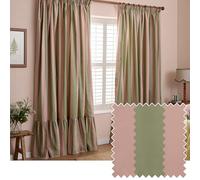 furn. Wylder Birdie Stripe Paire De Rideaux à Plis Pince - Rideaux Filtrage De La Lumière Rayés Coton Froncé (Rose/Vert - Largeur 117 x Longueur 137cm)