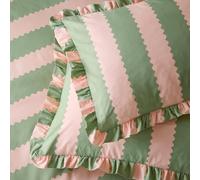 furn. Wylder Birdie Stripe Paire De Taies d'oreiller - Housses De Coussin Réversibles À Volants en Coton Riche (Rose/Vert - 50x75cm)