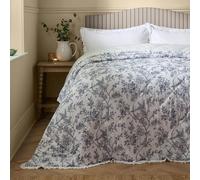 furn. Wylder Hermione Couvre Lit - Réversible Floral Matelassé Coton À Volants Jeté De Lit Literie (Ivoire Bleu - 240x260cm)