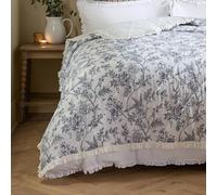 furn. Wylder Hermione Couvre Lit - Réversible Floral Matelassé Coton À Volants Jeté De Lit Literie (Ivoire Bleu - 150x200cm)