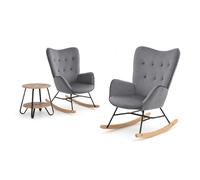 Furnish Fauteuil à Bascule de Jardin Scandinave en Tissu, Rocking Chair avec Structure Métal et Bois, pour Terrasse, Balcon et Patio, Gris,85x68x99cm