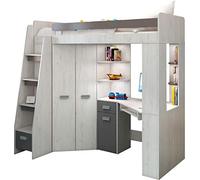 FurnitureByJDM Lit Mezzanine avec Bureau, Armoire et Rangements - Chambre Complète Enfant - Ensemble Gain de Place 80x200 cm - Escalier à Gauche (Craft Blanc/Graphite)