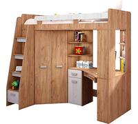 FurnitureByJDM Lit Mezzanine avec Bureau, Armoire et Rangements - Chambre Complète Enfant - Ensemble Gain de Place 80x200 cm - Escalier à Gauche (Craft Blanc/Craft Or)