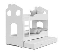 FurnitureByJDM Lit Superposé Enfant 160x80 cm (Blanc) | 2 Matelas Inclus, Tiroir de Lit avec Rangement 2 Places, Barrière de Sécurité - Design Cabane - Gain de Place - DAVID MAISON