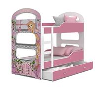 FurnitureByJDM Lit Superposé Enfant 160x80 cm (Princesse de Rose) | 2 Matelas Inclus, Tiroir de Lit avec Rangement 2 Places, Barrière de Sécurité - Design Cabane - Placage Coloré - DAVID 2
