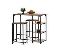 FurnitureR 3pcs Bistro Bar Sets, 1 Bar Table + 2 High Stools, Breakfast Table with 3 Storage Shelves, Metal Frame, Industrial Rustic Brown, for Compact Balcony, Kitchen and Dining, 100 x 50 x 90cm
