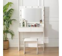 FurnitureR Coiffeuse Style Hollywoodien avec Tabouret, Rectangulaire Miroir LED 3 Couleurs, Table Maquillage Moderne avec Tiroirs, Ensemble Chambre Gain de Place, Blanc Brillant, 80 x 40 x 140cm