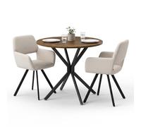 FurnitureR Ensemble de salle à manger 3 pièces avec table ronde et 2 | Table ronde marron rustique de 90 cm avec 2 chaises pivotantes rembourrées - Confortable, compacte et idéale pour les petits