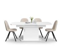 FurnitureR Ensemble de salle à manger 5 pièces avec table de rangement et 4 | Table extensible blanche de 140 à 200 cm avec espace de rangement et 4 chaises pivotantes en tissu beige pour manger