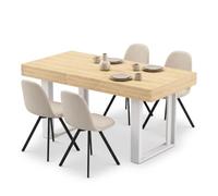 FurnitureR Ensemble de salle à manger 5 pièces avec table extensible et 4 | Table extensible de 120 à 160 cm avec 4 chaises pivotantes en tissu beige et structure en métal blanc pour des espaces à