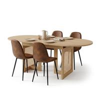 FurnitureR Ensemble de salle à manger 5 pièces, table extensible 150-200 cm, 4 chaises brunes | Table extensible 150-200 cm aspect chêne avec 4 chaises marron et inserts décoratifs tressés sur le cadre.