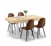 FurnitureR Ensemble de salle à manger 5 pièces, table extensible avec 4 | Table extensible 120-160 cm aspect bois clair avec 4 chaises marron et pieds en métal blanc sur la table.