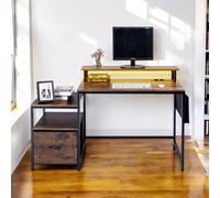 FurnitureR Industrial Computer Desk, with LED Light Belt, Integrated Workstation with 1 Black Non-Woven File Bag and 1 Drawer, 2 Power Sockets + 2USB, Includes Storage and Cable Management, L143.5cm
