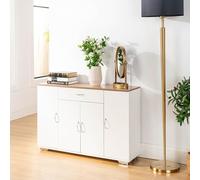 FurnitureR Meuble de Cuisine à Poser, Plateau MDF, 4 Portes 1 Tiroir, Étagères Ajustables, Buffet Rangement Blanc Lin pour Salon, Restaurant, Salle à Manger, Style Scandinave, 110 x 30 x 70cm