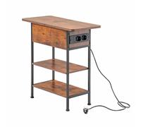 FurnitureR Side Table with Socket, Coffee Deck & Folding Tray, End of Sofa with Charging Station, Bedside Table, Storage Chest, 2 USB Ports+2 Sockets, Vintage Industrial Style