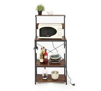 FurnitureR Vertical Shelf with Power Strip, 3-Tier Storage Cabinet, Microwave Stand, Living Room Organiser Station with 2-Socket and 6 S-Hooks, Industrial Rustic Brown, Metal Frame, 60 x 42 x 129cm